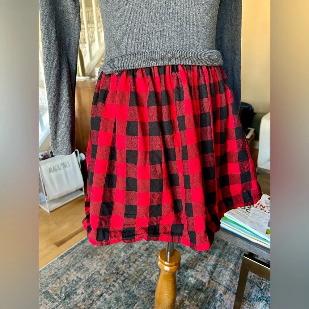 Gap Girls XL Red Buffalo Plaid 2-in-1 Sweater Dress Cotton Grey